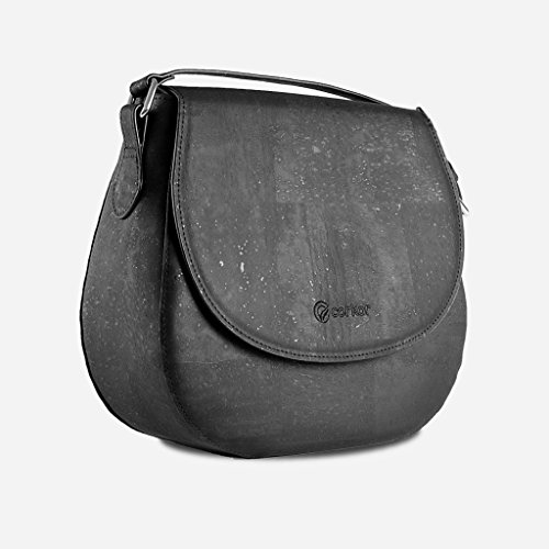 Corkor Veganer Schultertasche Böhmischen Umhängetasche Damen Geldbeutel Handtasche Natur-Leder Natur - Saddle Bag - Beuteltasche aus Veganem Leder Schwarz - 3