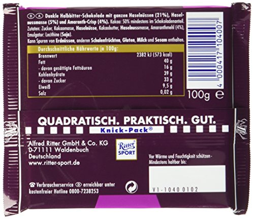 RITTER SPORT Dunkle Voll-Nuss Amaranth (10 x 100 g), Vegane Schokolade, mit ganzen Haselnüssen und Amaranth verfeinert, Halbbitterschokolade - 5