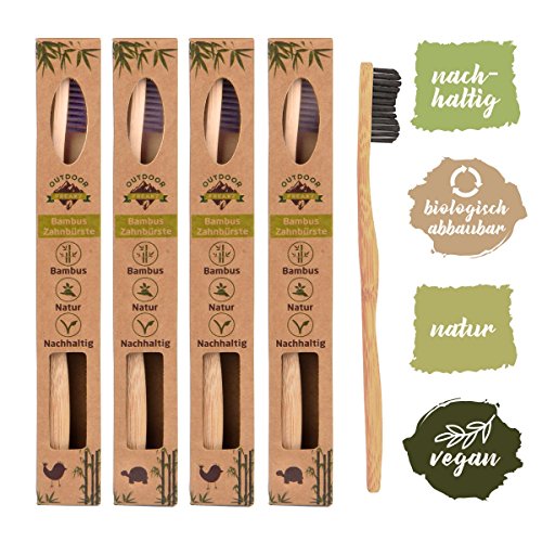 Vegane Bambus Zahnbürste mit reinem Bambus-Holz -100% frei von BPA - Borsten mit Bambus-Holzkohle - 4er Pack