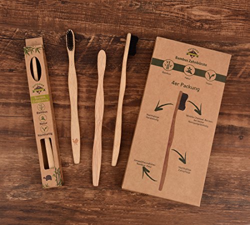 4er Pack ♻ Bambus Zahnbürste mit reinem Bambus-Holz ✮ vegan ✮ biologisch abbaubar ✮ 100% frei von BPA ✮ Borsten mit Bambus-Holzkohle für beste Sauberkeit - 2