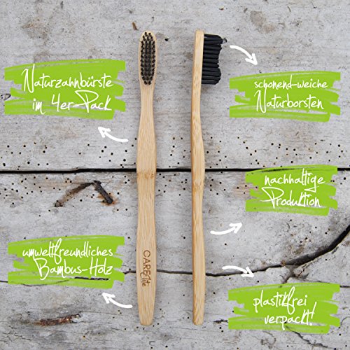 4er-Pack Holzzahnbürste aus nachhaltigem Bambus-Holz ♻ BPA-freie Bambus Holzzahnbürste, plastikfrei verpackte Bambus-Zahnbürste ♻ Zahnbürste mit Bambus-Holzkohle für gesunde und weiße Zähne - 3