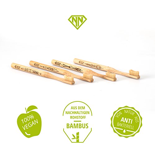 Nature Nerds – Bambus Zahnbürste im Set (4er Pack) ♻ Griff und Verpackung zu 100 % aus nachhaltig angebauten Bambus und zu 100% biologisch abbaubar, 100% Vegan, 100% BPA-frei /// Härtegrad: Mittel, nachhaltige Hand Zahnbürste //// Artwork Laserprint - 3