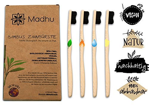 Madhu Bambus Zahnbürste im 4er-Set - vegan und biologisch abbaubare Holz Zahnbürste mit Naturborsten