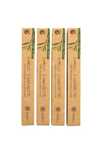 Bambus Zahnbürste 4er-Set ♻️ vegan und biologisch abbaubare Holz Zahnbürste mit Naturborsten ♻️ in umweltfreundlicher Recyclingverpackung ♻️ Zahnbürste aus Bambus von Madhu - 4