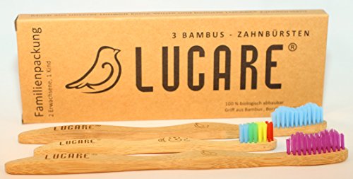 LUCARE ® ❤ Ökologische Bambus- Holz- Zahnbürsten ✔ BPA-Frei mit mitlerer Härte ❀ Biologisch abbaubar ❤ 3er-Set Familienpackung 2 Erwachsenen- und 1 Kinderzahnbürste ❷+❶ - 5
