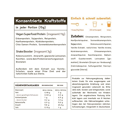 Vegan Protein (Vanille) - Reis-, Hanf-, Soja-, Erbsen-, Chia-, Sonnenblumen- und Kürbiskernprotein + Kokosmilch, Superfoods und Verdauungsenzymen - 600 Gramm Pulver mit natürlichem Vanillegeschmack - 7