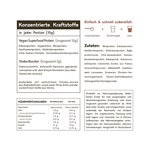 Vegan Protein (Schokolade) - Reis-, Hanf-, Soja-, Erbsen-, Chia-, Sonnenblumen- und Kürbiskernprotein + Kokosmilch, Superfoods und Verdauungsenzymen - 600 Gramm Pulver mit Schokoladengeschmack - 7