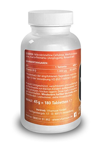 Vitamin B12 hochdosiert Methylcobalamin 1000 µg 180 Tabletten vegan 6 Monatsvorrat Qualitätsprodukt-Made-in-Germany ohne Magnesiumstearat, jetzt zum Aktionspreis und 30 Tage kostenlose Rücknahme! 1 er Pack (1 x 45 g) - 2