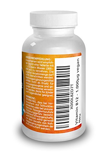 Vitamin B12 hochdosiert Methylcobalamin 1000 µg 180 Tabletten vegan 6 Monatsvorrat Qualitätsprodukt-Made-in-Germany ohne Magnesiumstearat, jetzt zum Aktionspreis und 30 Tage kostenlose Rücknahme! 1 er Pack (1 x 45 g) - 3