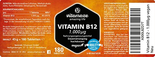 Vitamin B12 hochdosiert Methylcobalamin 1000 µg 180 Tabletten vegan 6 Monatsvorrat Qualitätsprodukt-Made-in-Germany ohne Magnesiumstearat, jetzt zum Aktionspreis und 30 Tage kostenlose Rücknahme! 1 er Pack (1 x 45 g) - 4