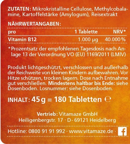 Vitamin B12 hochdosiert Methylcobalamin 1000 µg 180 Tabletten vegan 6 Monatsvorrat Qualitätsprodukt-Made-in-Germany ohne Magnesiumstearat, jetzt zum Aktionspreis und 30 Tage kostenlose Rücknahme! 1 er Pack (1 x 45 g) - 6