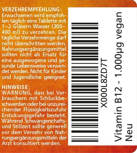 Vitamin B12 hochdosiert Methylcobalamin 1000 µg 180 Tabletten vegan 6 Monatsvorrat Qualitätsprodukt-Made-in-Germany ohne Magnesiumstearat, jetzt zum Aktionspreis und 30 Tage kostenlose Rücknahme! 1 er Pack (1 x 45 g) - 7