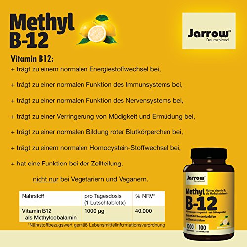 Methyl B12 1000 µg, aktives Vitamin B12 als Methylcobalamin, Lutschtabletten mit Zitronengeschmack, vegan, hochdosiert, Etikett in Deutsch, Englisch und Französisch, Jarrow, 1er Pack (1 x 100 Stück) - 6
