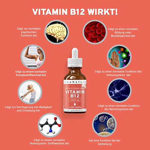 Vitamin B12 (Methylcobalamin) Tropfen (1000 µg pro Portion / 200µg pro Tropfen), 1.250 Tropfen in 50ml Flasche als 8 Monatsvorrat. Frei von Konservierungsstoffen. Vegan, hochdosiert, hergestellt in DE - 2