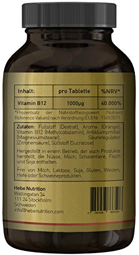Vitamin B12 Methylcobalamin 1000 μg, hochdosiert, 250 Lutschtabletten, vegan, Premium-Qualität von Hebe Nutrition - 3