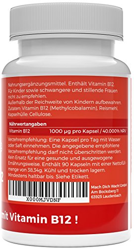 Vitamin B12 Kapseln - Ohne künstliche Zusatzstoffe - vegan - Qualität aus Deutschland - 100% Zufriedenheitsgarantie - 1000µg hochwertiges Methylcobalamin - deutsche Laboranalytik - Vitamineule® - 3