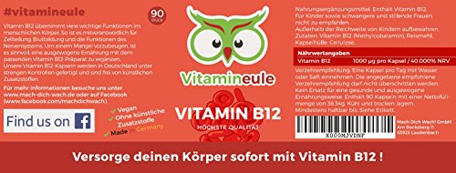 Vitamin B12 Kapseln - Ohne künstliche Zusatzstoffe - vegan - Qualität aus Deutschland - 100% Zufriedenheitsgarantie - 1000µg hochwertiges Methylcobalamin - deutsche Laboranalytik - Vitamineule® - 4