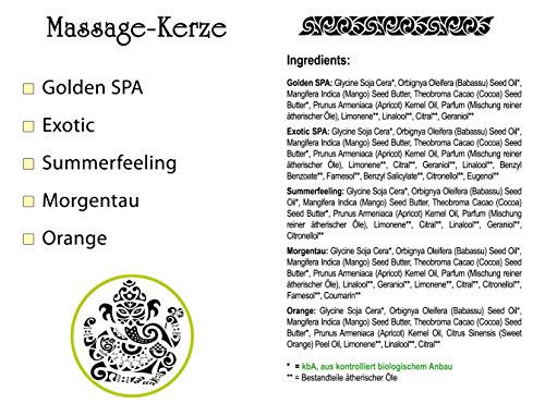 Greendoor BIO Massagekerze Golden SPA, 100 ml - BIO Sojawachs & BIO Babassuöl, natürliche Mischung entspannender ätherischer Öle - vegan, rußt nicht, ohne Tierversuche - beliebtes Geschenk, Massageöl Massage Öl - 5