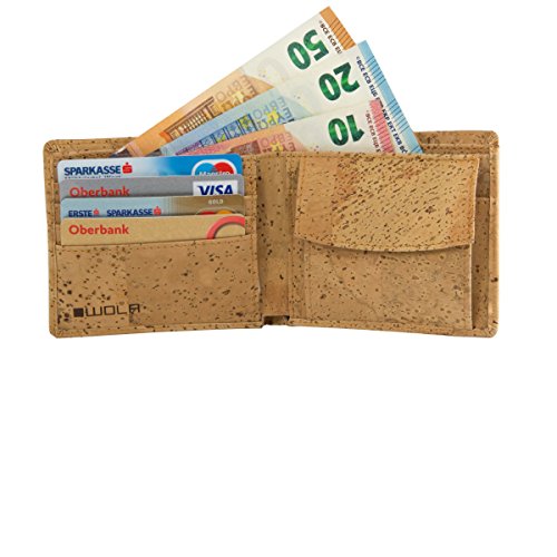 WOLA Herren Portemonnaie Kork Geldbeutel 4 Kreditkarten-Fächer Geldbörse mit Münzfach Korkleder vegan Natur Portmonee - 5