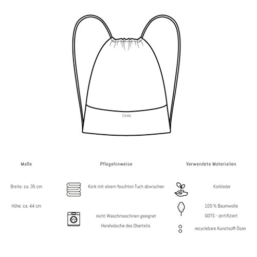 UlStO Kork Turnbeutel Baumwolle, vegan & fairer Hipster Beutel, hochwertiger Rucksack Beutel, Sportbeutel, Turnbeutel Schwarz, Kordeln normal lang (ca. 150cm) - 7