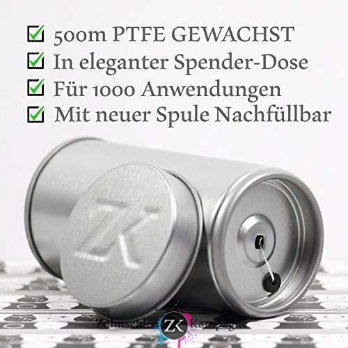 500 m PTFE Premium Zahnseide gewachst, Reißfest, Ohne Aroma, Ohne Fluorid, Vegan, Nachfüllbar mit neuer Spule, Schützt vor Zahnfleischentzündungen, In grauer Dose mit edler Prägung, Familienpackung, Großpackung für 1000 Anwendungen ausreichend, 10x mehr Inhalt als herkömmliche Verpackungen - 2