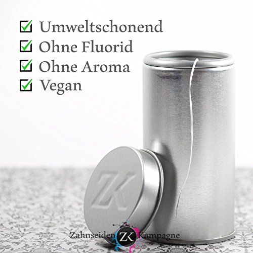 500 m PTFE Premium Zahnseide gewachst, Reißfest, Ohne Aroma, Ohne Fluorid, Vegan, Nachfüllbar mit neuer Spule, Schützt vor Zahnfleischentzündungen, In grauer Dose mit edler Prägung, Familienpackung, Großpackung für 1000 Anwendungen ausreichend, 10x mehr Inhalt als herkömmliche Verpackungen - 3