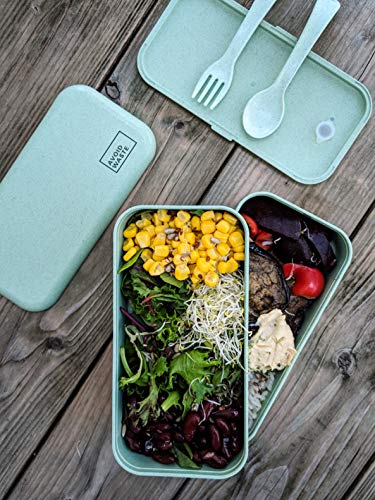 avoid waste Nachhaltige Lunchbox ♻ Die Premium Aufbewahrungsbox mit Deckel und Besteck im Bento-Box Stil mit Zwei Fächern. Biologisch abbaubar, plastikfrei, BPA frei, auslaufsicher - 6
