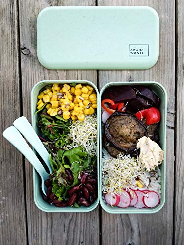 avoid waste Nachhaltige Lunchbox ♻ Die Premium Aufbewahrungsbox mit Deckel und Besteck im Bento-Box Stil mit Zwei Fächern. Biologisch abbaubar, plastikfrei, BPA frei, auslaufsicher - 7