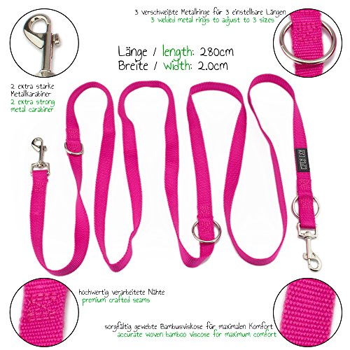 KURI PAI Pinke Hundeleine Für Mittelgroße Hunde, Mehrfach Verstellbar, 3m Leine (1,5m - 2,8m) Doppelleine (2.0cm breit, Pink), Für Zwei Hunde, Umweltfreundlich Aus Bambus - 3