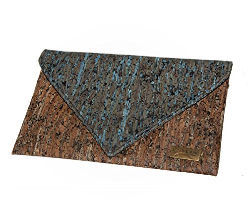 CorkLane Damen Handtasche Kork Abendtasche Envelope Clutch Korkleder vegan aus Portugal Braun und Türkis-Blau