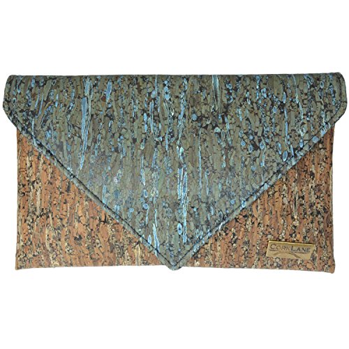 CorkLane Damen Handtasche Kork Abendtasche Envelope Clutch Korkleder vegan aus Portugal Braun und Türkis-Blau - 4
