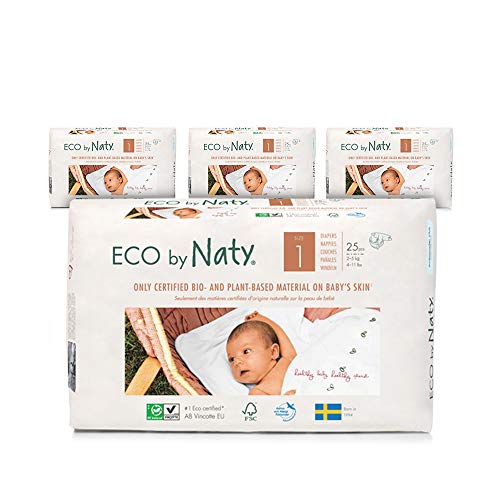NATY by Nature Babycare 8178358B Eco by Naty Premium Bio-Windeln für empfindliche Haut, Größe 1, 2-5kg, 4 Packungen à 25 Stück (100 Stück insgesamt), weiß - 2