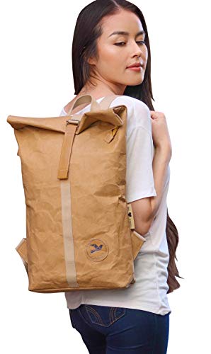 PAPERO ® Rucksack aus Kraft- Papier | Ultra minimalistisch Herren Damen, Robust, Wasserfest Vegan fair nachhaltig Urban Style FSC Zertifiziert | Kurier Taschen, Rolltop Laptop Farbe:Hellbraun - 8